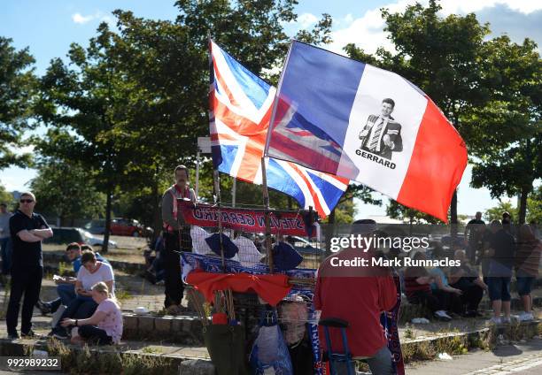 Rangers merchandise bearing the name and face of Ranger new manager Steven Gerrard on display outside Ibrox Stadium during the Pre-Season Friendly...