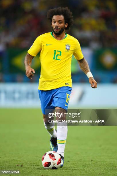 Marcelo of Brazil in action during the 2018 FIFA World Cup Russia Quarter Final match between Brazil and Belgium at Kazan Arena on July 6, 2018 in...