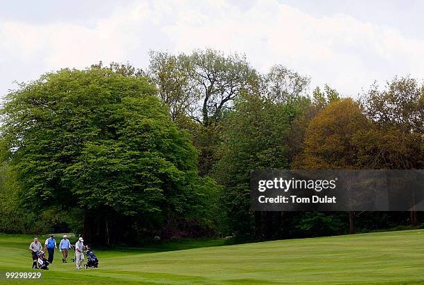 Players walk down the 11th fairway during the Virgin Atlantic PGA National Pro-Am Championship Regional Qualifier at Old Ford Manor Golf Club on May...