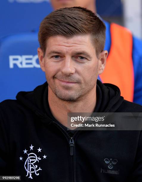 Rangers manager Steven Gerrard in the dug out during the Pre-Season Friendly between Rangers and Bury at Ibrox Stadium on July 6, 2018 in Glasgow,...