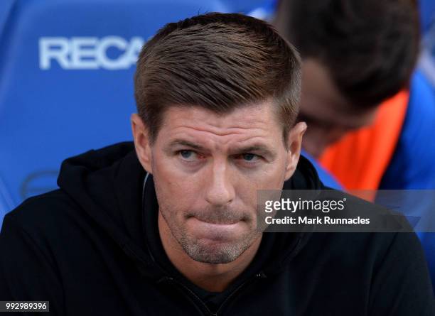 Rangers manager Steven Gerrard in the dug out during the Pre-Season Friendly between Rangers and Bury at Ibrox Stadium on July 6, 2018 in Glasgow,...