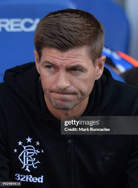 Rangers manager Steven Gerrard in the dug out during the Pre-Season Friendly between Rangers and Bury at Ibrox Stadium on July 6, 2018 in Glasgow,...