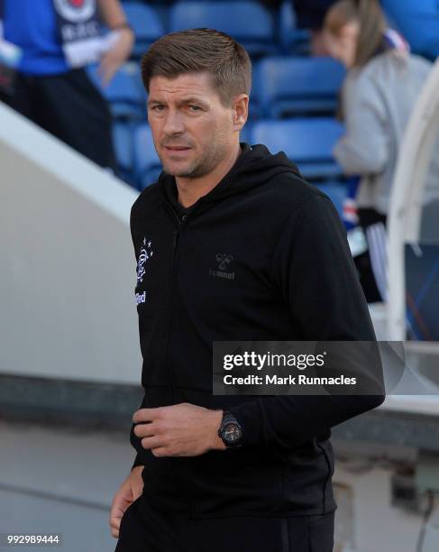 Rangers manager Steven Gerrard in the dug out during the Pre-Season Friendly between Rangers and Bury at Ibrox Stadium on July 6, 2018 in Glasgow,...