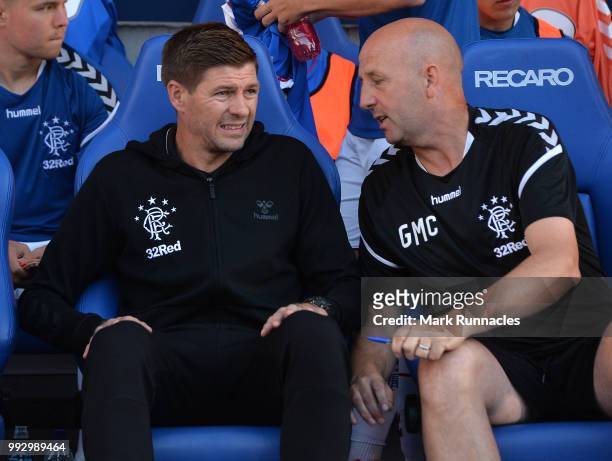 Rangers manager Steven Gerrard , with assistant Gary McAllister in the dug out during the Pre-Season Friendly between Rangers and Bury at Ibrox...