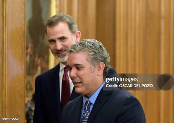 Colombian president-elect Ivan Duque meets Spanish King Felipe VI at La Zarzuela palace in Madrid on July 06, 2018.