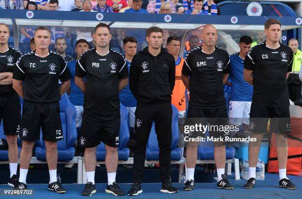 Rangers manager Steven Gerrard and his coach staff in the dug out during the Pre-Season Friendly between Rangers and Bury at Ibrox Stadium on July 6,...