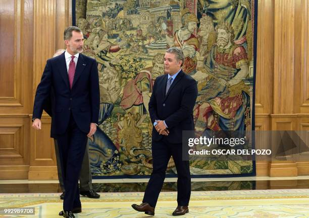 Colombian president-elect Ivan Duque meets Spanish King Felipe VI at La Zarzuela palace in Madrid on July 06, 2018.