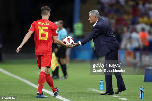 Tite, Head coach of Brazil hands the ball to Thomas Meunier of Belgium for a throw in during the 2018 FIFA World Cup Russia Quarter Final match...