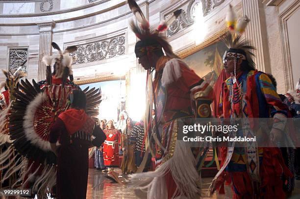 Mandaree singers and dancers perform for the Sakakawea Statue dedication. Sakakawea, a North Dakotan Shoshone Indian who helped the Lewis and Clark...