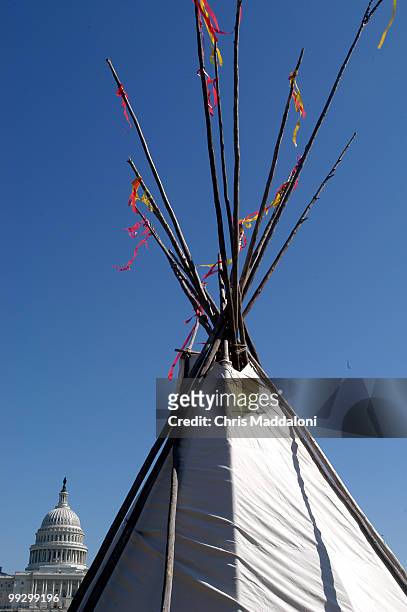 Teepees were set up in front of the reflecting pool of the Capitol in honor of the Sakakawea Statue dedication. Sakakawea, a North Dakotan Shoshone...