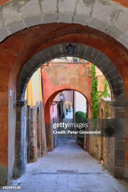 alley with archways in the old town, centro storico, tuscania, viterbo, lazio, italy - centro storico fotografías e imágenes de stock