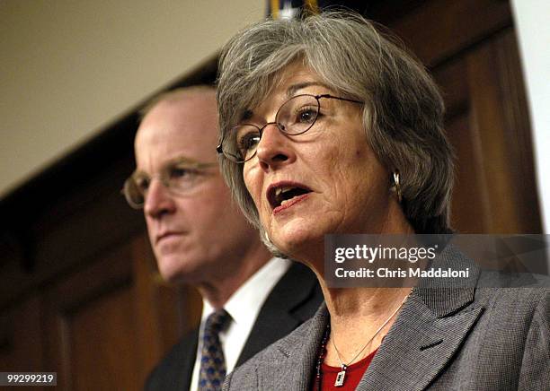 Rep. Joseph Hoeffel, D-Pa., and Rep. Lynn Woolsey, D-Ca., at a press conference about her resolution, "SMART Security," which would aim to increase...