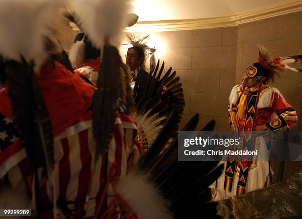Mandaree singers and dancers prepare before the Sakakawea Statue dedication. Sakakawea, a North Dakotan Shoshone Indian who helped the Lewis and...