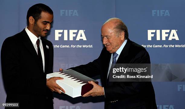 His Excellency Sheikh Mohammed bin Hamad Al Thani, Chairman of Qatar 2022 Bid Committee prestents Sepp Blatter, FIFA President with the Qatar Bid...