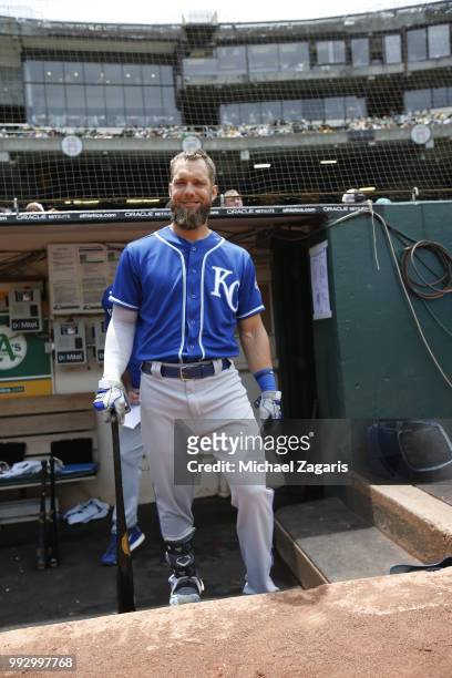 Alex Gordon of the Kansas City Royals stands in the dugout prior to the game against the Oakland Athletics at the Oakland Alameda Coliseum on June 9,...