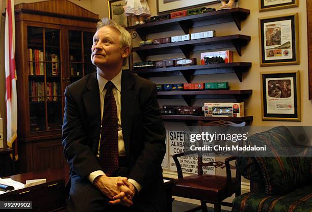 Rep. Spencer Bachus, R-Al., in his office with his model train collection.