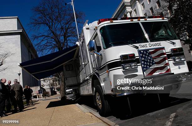 Oshkosh Truck Corp. Displayed their Pierce Mobile Command Post Vehicle in front of the Rayburn House office building. The command vehicle has a...