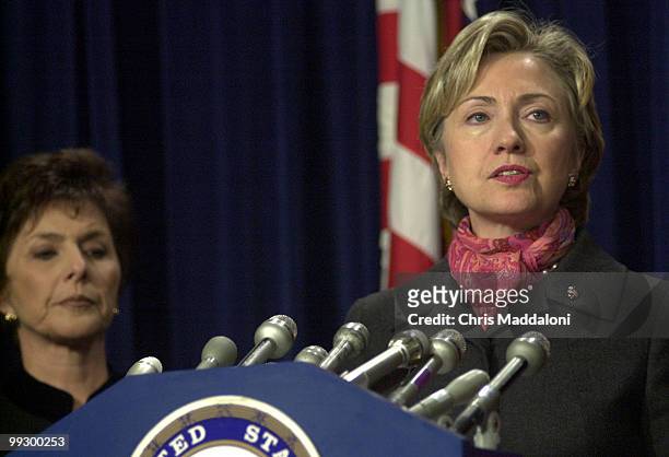 Senator Hillary Clinton , D-NY, & Senator Barbara Boxer , D-CA, at a press conference on support for Roe v. Wade.