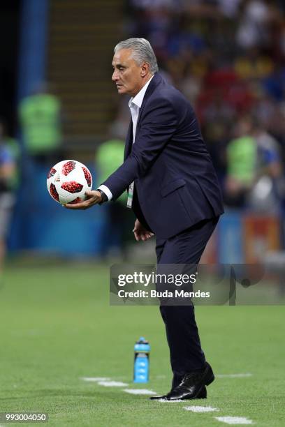 Tite, Head coach of Brazil gathers the ball during the 2018 FIFA World Cup Russia Quarter Final match between Brazil and Belgium at Kazan Arena on...