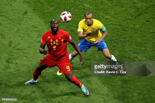 Romelu Lukaku of Belgium is challenged by Miranda of Brazil during the 2018 FIFA World Cup Russia Quarter Final match between Brazil and Belgium at...