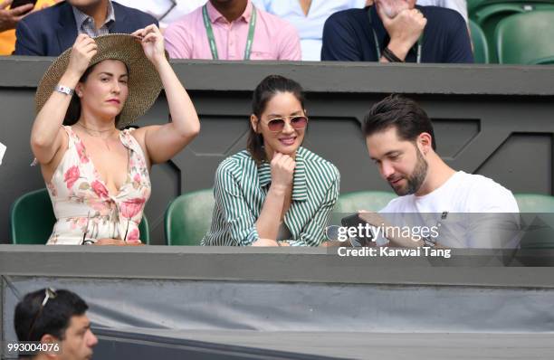 Cara McConnell, Olivia Munn and Alexis Ohanian attend day five of the Wimbledon Tennis Championships at the All England Lawn Tennis and Croquet Club...