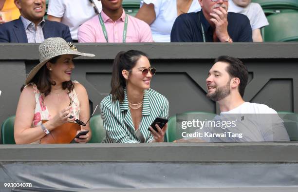 Cara McConnell, Olivia Munn and Alexis Ohanian attend day five of the Wimbledon Tennis Championships at the All England Lawn Tennis and Croquet Club...