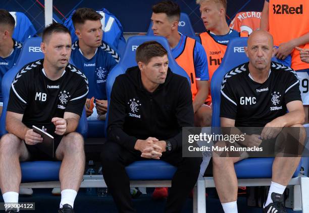 Rangers manager Steven Gerrard , with assistant Gary McAllister , in the dug out during the Pre-Season Friendly between Rangers and Bury at Ibrox...