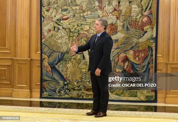 Colombian president-elect Ivan Duque waits to meet Spanish King Felipe VI at La Zarzuela palace in Madrid on July 06, 2018.