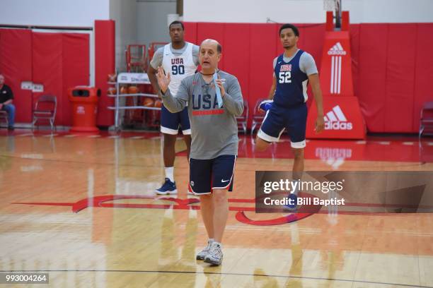 Head Coach Jeff Van Gundy makes a signal during practice at the University of Houston on June 21, 2018 in Houston, Texas. NOTE TO USER: User...