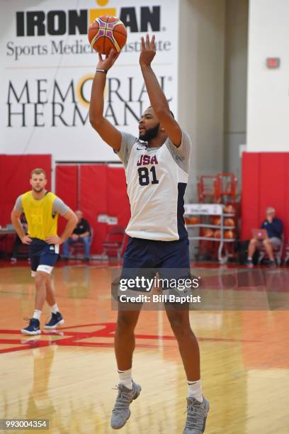 Aaron Harrison of Team USA shoots the ball during practice at the University of Houston on June 21, 2018 in Houston, Texas. NOTE TO USER: User...