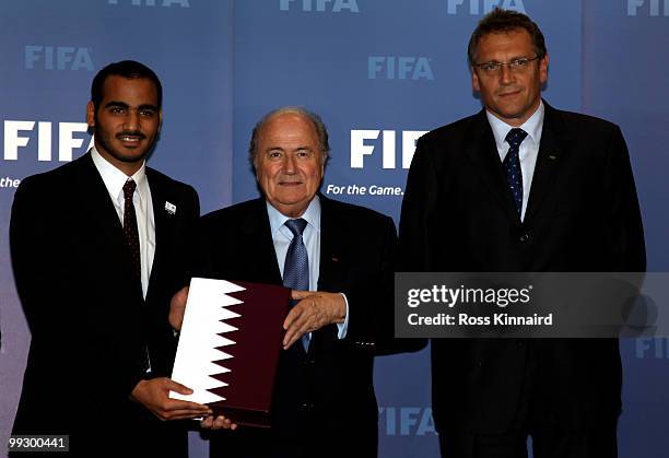 His Excellency Sheikh Mohammed bin Hamad Al Thani, Chairman of Qatar 2022 Bid Committee, Sepp Blatter and Jérôme Valcke ,FIFA general secretary...