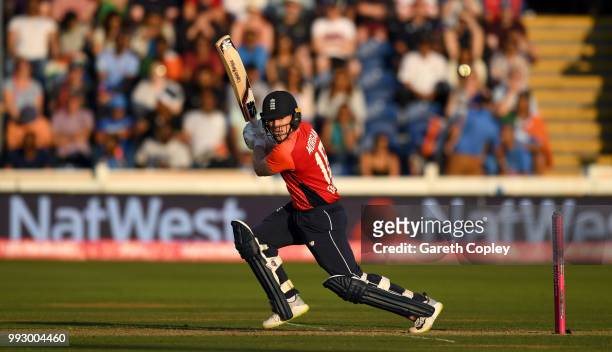 England captain Eoin Morgan bats during the 2nd Vitality International T20 match between England and India at SWALEC Stadium on July 6, 2018 in...