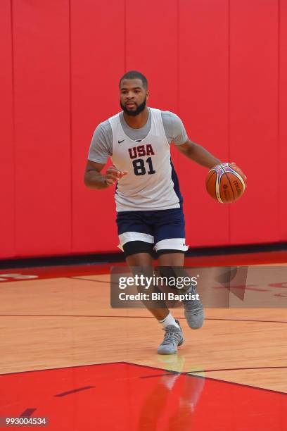 Aaron Harrison handles the ball during practice at the University of Houston on June 21, 2018 in Houston, Texas. NOTE TO USER: User expressly...