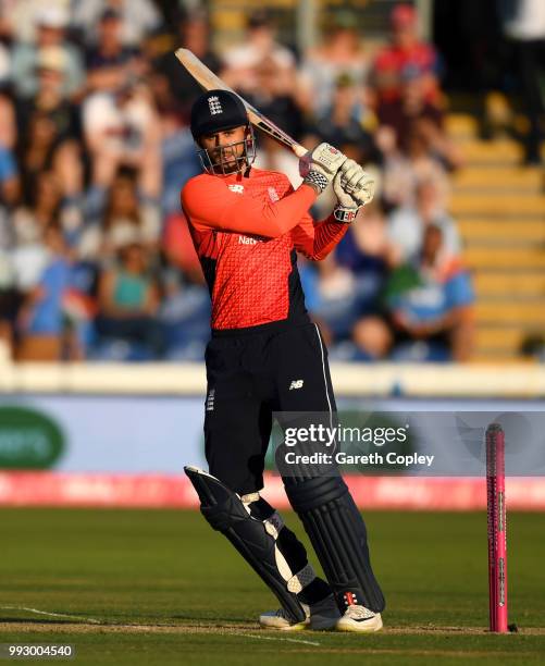 Alex Hales of England bats during the 2nd Vitality International T20 match between England and India at SWALEC Stadium on July 6, 2018 in Cardiff,...