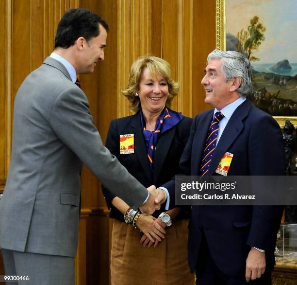 Prince Felipe of Spain receives "The Committee of Evaluation of the Candidacy of Madrid for Ryder Cup 2018" members at the Zarzuela Palace on May 14,...