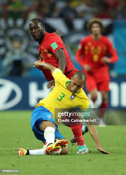 Romelu Lukaku of Belgium challenges Miranda of Brazil during the 2018 FIFA World Cup Russia Quarter Final match between Brazil and Belgium at Kazan...