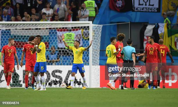 Neymar Jr of Brazil reacts during the 2018 FIFA World Cup Russia Quarter Final match between Brazil and Belgium at Kazan Arena on July 6, 2018 in...