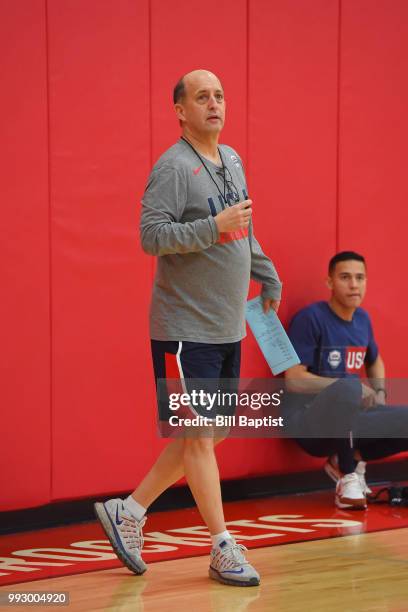 Head Coach Jeff Van Gundy of Team USA looks on during practice at the University of Houston on June 21, 2018 in Houston, Texas. NOTE TO USER: User...