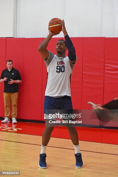 Jonathan Holmes of Team USA shoots the ball during practice at the University of Houston on June 21, 2018 in Houston, Texas. NOTE TO USER: User...