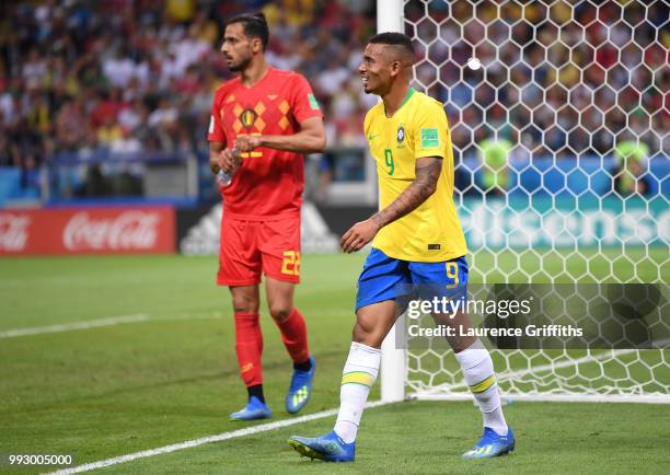 Gabriel Jesus of Brazil reacts after being brought to the ground inside the penalty area during the 2018 FIFA World Cup Russia Quarter Final match...