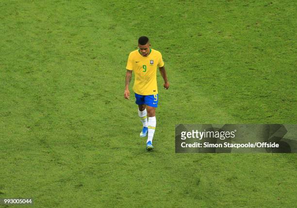 Gabriel Jesus of Brazil walks off at half time during the 2018 FIFA World Cup Russia Quarter Final match between Brazil and Belgium at Kazan Arena on...