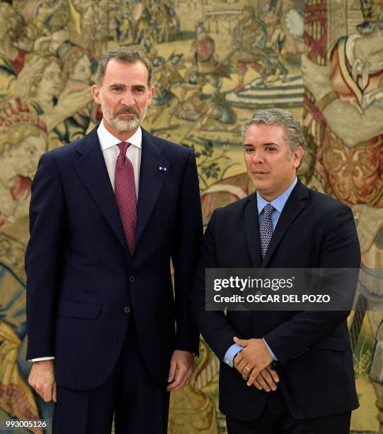 Colombian president-elect Ivan Duque poses with Spanish King Felipe VI at La Zarzuela palace in Madrid on July 06, 2018.