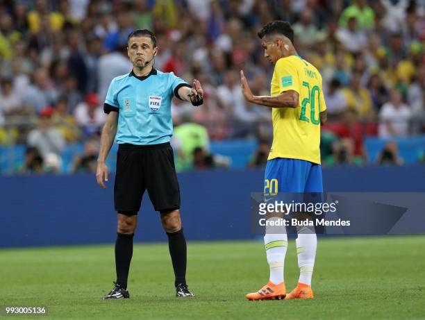Referee Milorad Mazic gives instructions during the 2018 FIFA World Cup Russia Quarter Final match between Brazil and Belgium at Kazan Arena on July...
