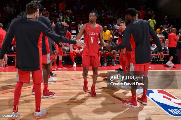 De'Anthony Melton of the Houston Rockets is introduced before the game against the Indiana Pacers during the 2018 Las Vegas Summer League on July 6,...