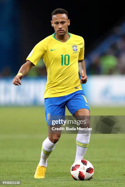 Neymar Jr of Brazil runs with the ball during the 2018 FIFA World Cup Russia Quarter Final match between Brazil and Belgium at Kazan Arena on July 6,...