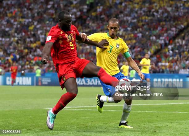 Romelu Lukaku of Belgium is tackled by Miranda of Brazil during the 2018 FIFA World Cup Russia Quarter Final match between Brazil and Belgium at...