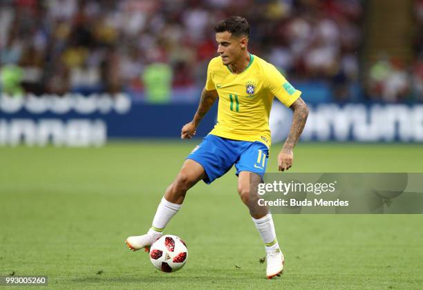 Philippe Coutinho of Brazil controls the ball during the 2018 FIFA World Cup Russia Quarter Final match between Brazil and Belgium at Kazan Arena on...