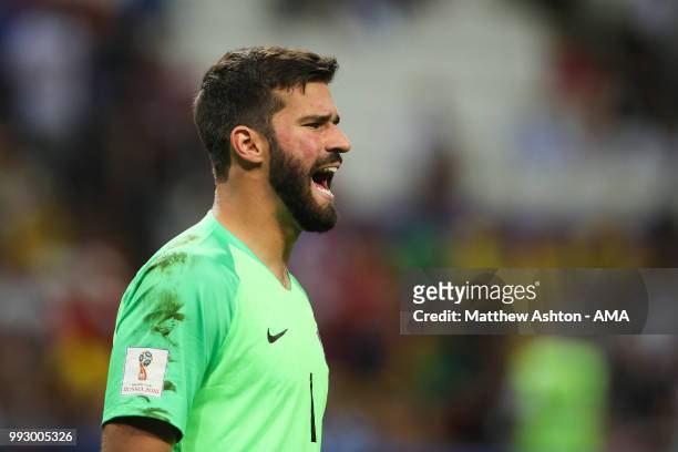 Alisson of Brazil in action during the 2018 FIFA World Cup Russia Quarter Final match between Brazil and Belgium at Kazan Arena on July 6, 2018 in...