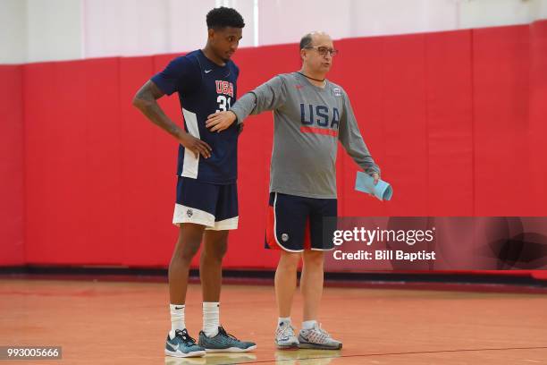 Head Coach Jeff Van Gundy and Xavier Munford of Team USA are photographed during practice at the University of Houston on June 21, 2018 in Houston,...