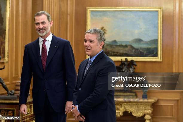 Colombian president-elect Ivan Duque meets Spanish King Felipe VI at La Zarzuela palace in Madrid on July 06, 2018.